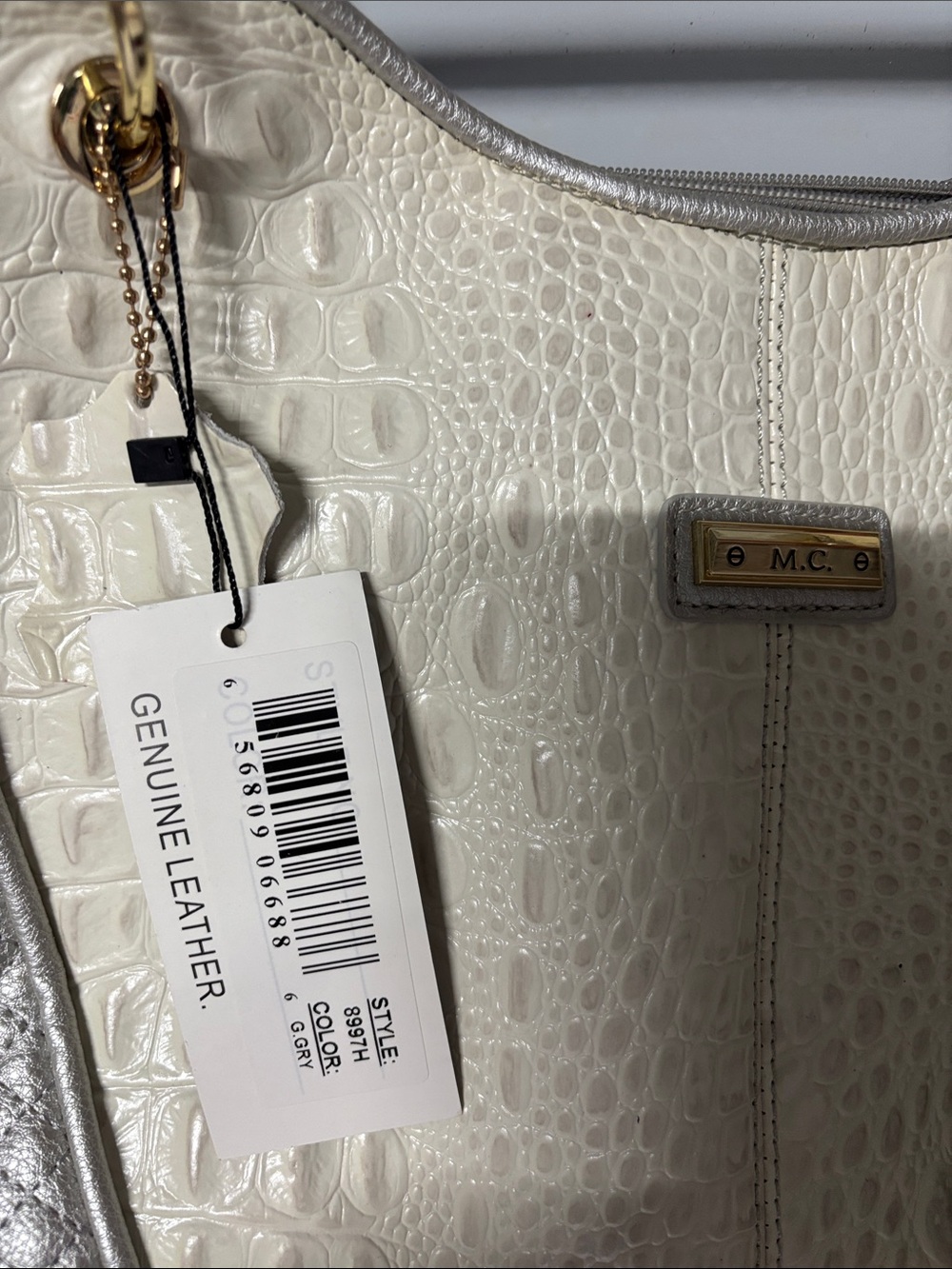 Madi Claire Cream and Silver Geniune Leather Croc-Texture Tote with Tassel - Picture 2 of 6